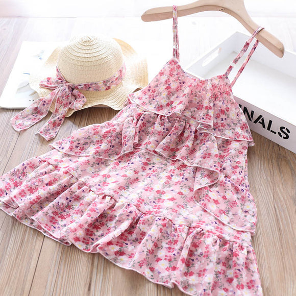Toddler Girls Summer Flower Chiffon Top With Hat Set 9-10 years